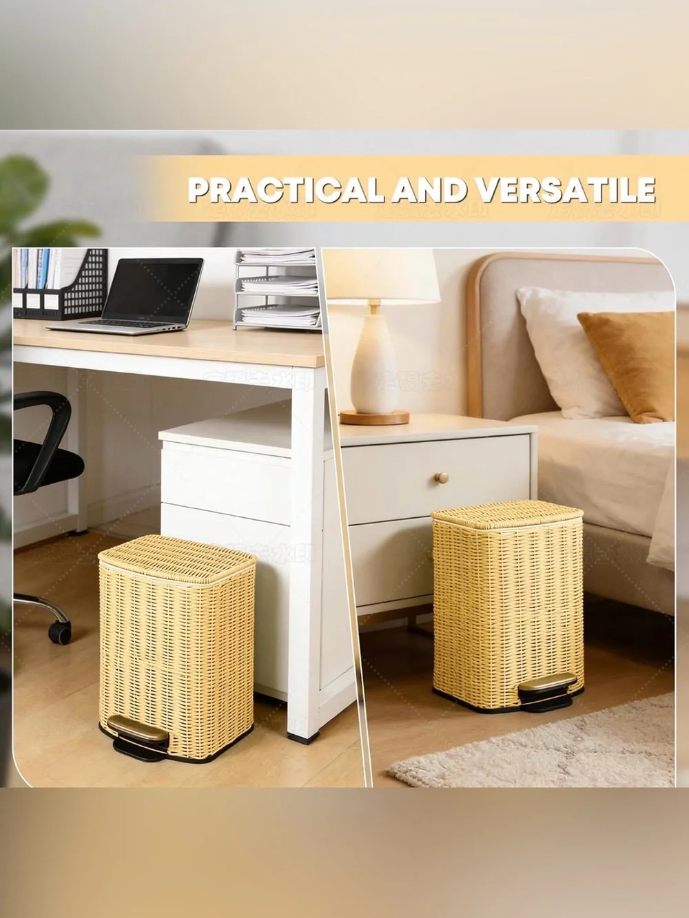 Handwoven Faux Rattan Trash Can Wicker Soft Slow Close Lid, Gold Tone Foot Pedal